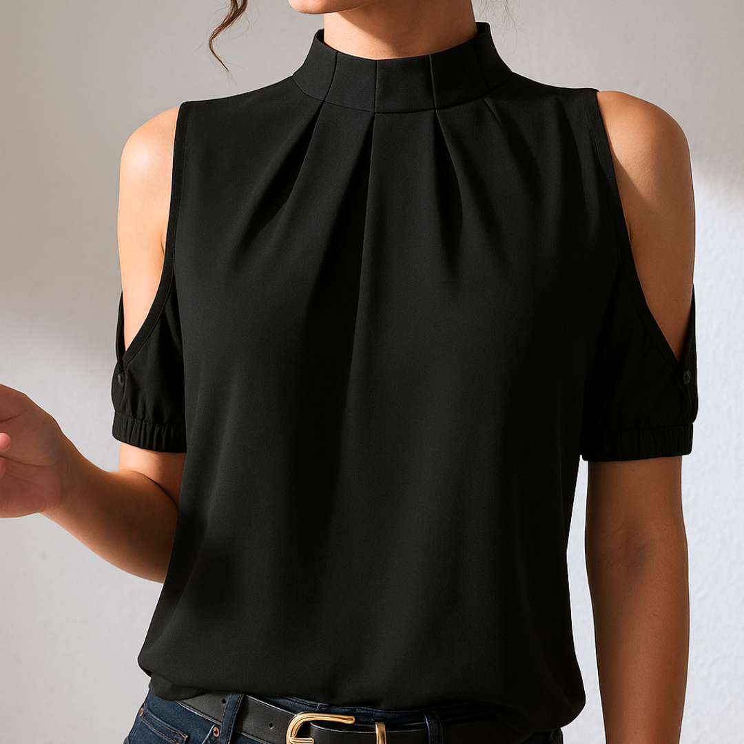 MARISE™ | Sort Bluse med Plisser og Åbne Ærmer