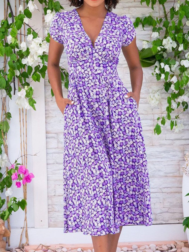 LIVETA™ – Knap-Midikjole med Blomstermønster